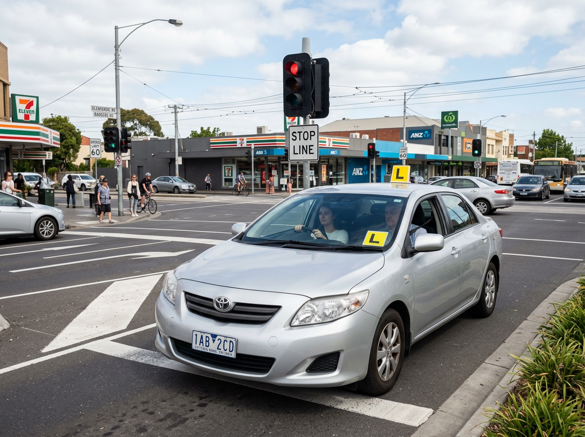 Silver Toyota learner car stopped at a red light intersection